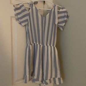 size xs blue-gray and white striped off-shoulder flowy romper American Eagle